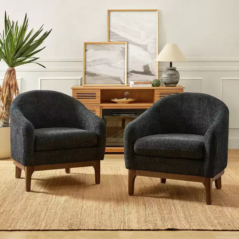 Boucle Barrel Armchair Set of 2 Solid Wood Legs High-Density Foam Dual-Sided Cushion