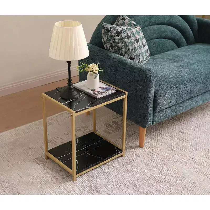 Kings Brand Furniture - Side End Table with Faux Marble Storage Shelves & Metal Frame, Nightstand for Bedroom, Living Room, or Modern Accent Table