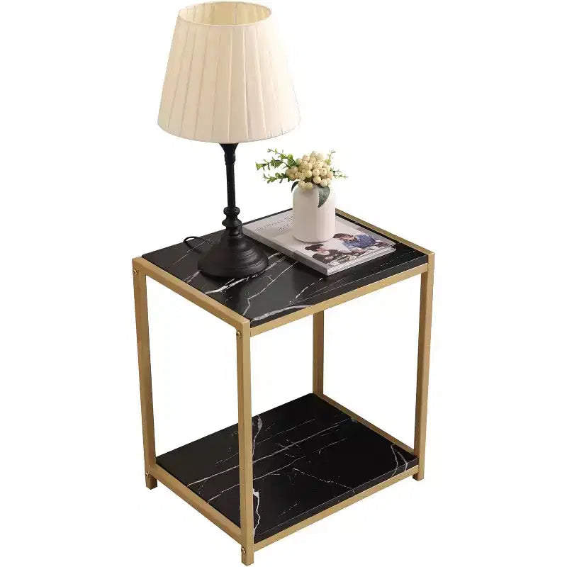 2-Tier Faux Marble Side End Table Gold Metal Frame Nightstand Bedroom Living Room