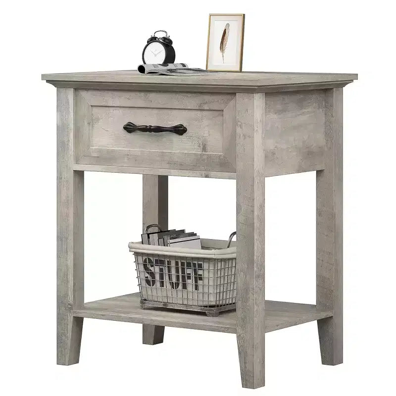 Nightstand with Storage Drawer & Open Shelf - Farmhouse End Table for Bedroom/Living Room