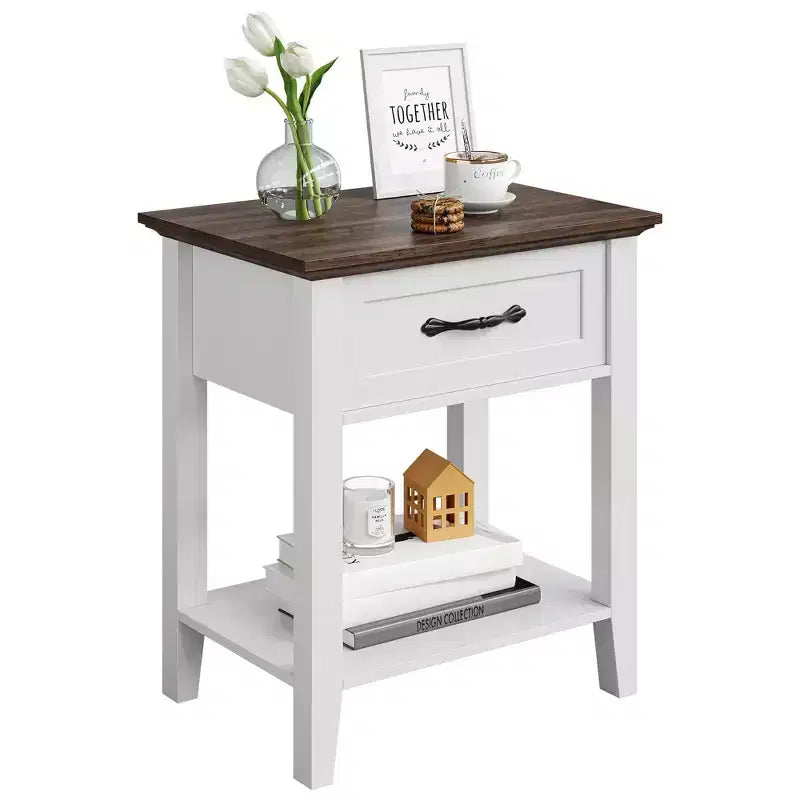 Nightstand with Storage Drawer & Open Shelf - Farmhouse End Table for Bedroom/Living Room
