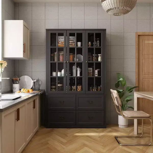 79" Glass Door Display Cabinet 3 Doors 4 Drawers 8 Shelves Black Wood Pantry Bookcase