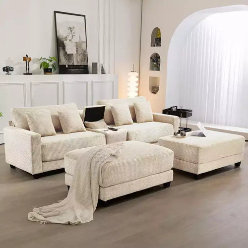 112" Corduroy Sectional Sofa 4-Piece with 2 Ottomans Storage Side Table USB Charging