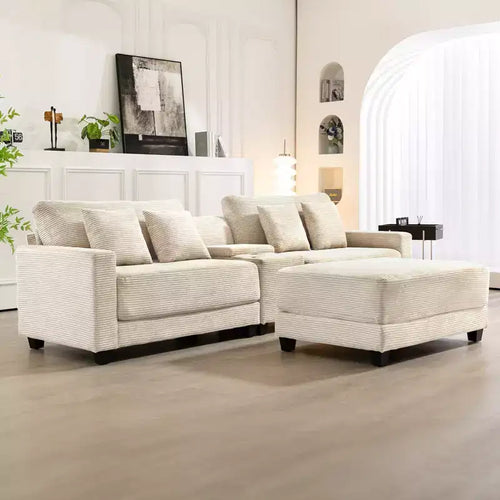 112" Corduroy Sectional Sofa 3-Piece with Ottoman Storage Cup Holder USB Charging